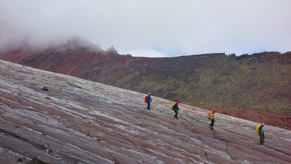 Walking down the Gergeti Glacier